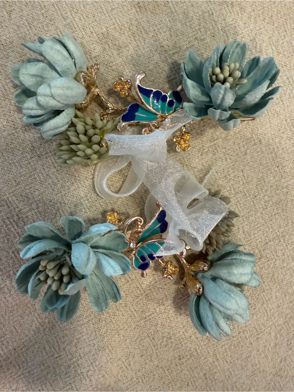 Floral butterfly bow hair clips blue gold ethereal fairy bridal coquette retro